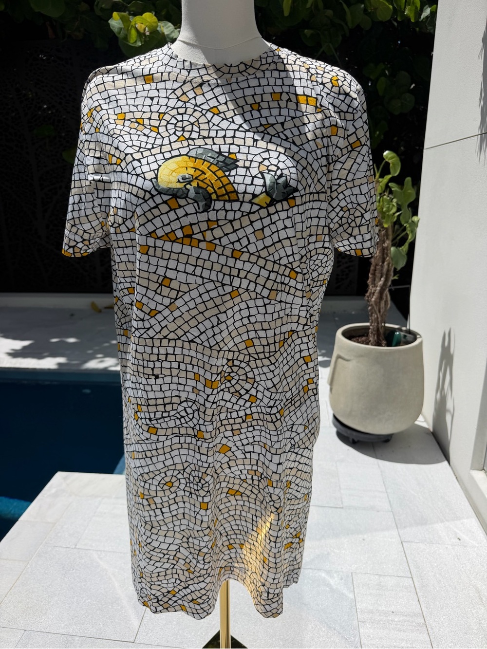 Hermes White Dress with Yellow Mosaic Fish Motif 100% cotton